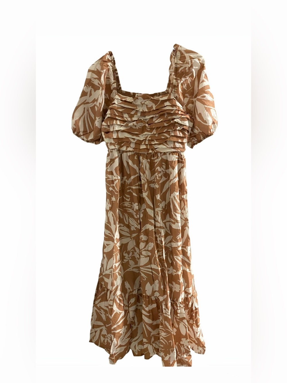 Women’s Puff-Sleeve Tiered Maxi Dress in Beige Floral
